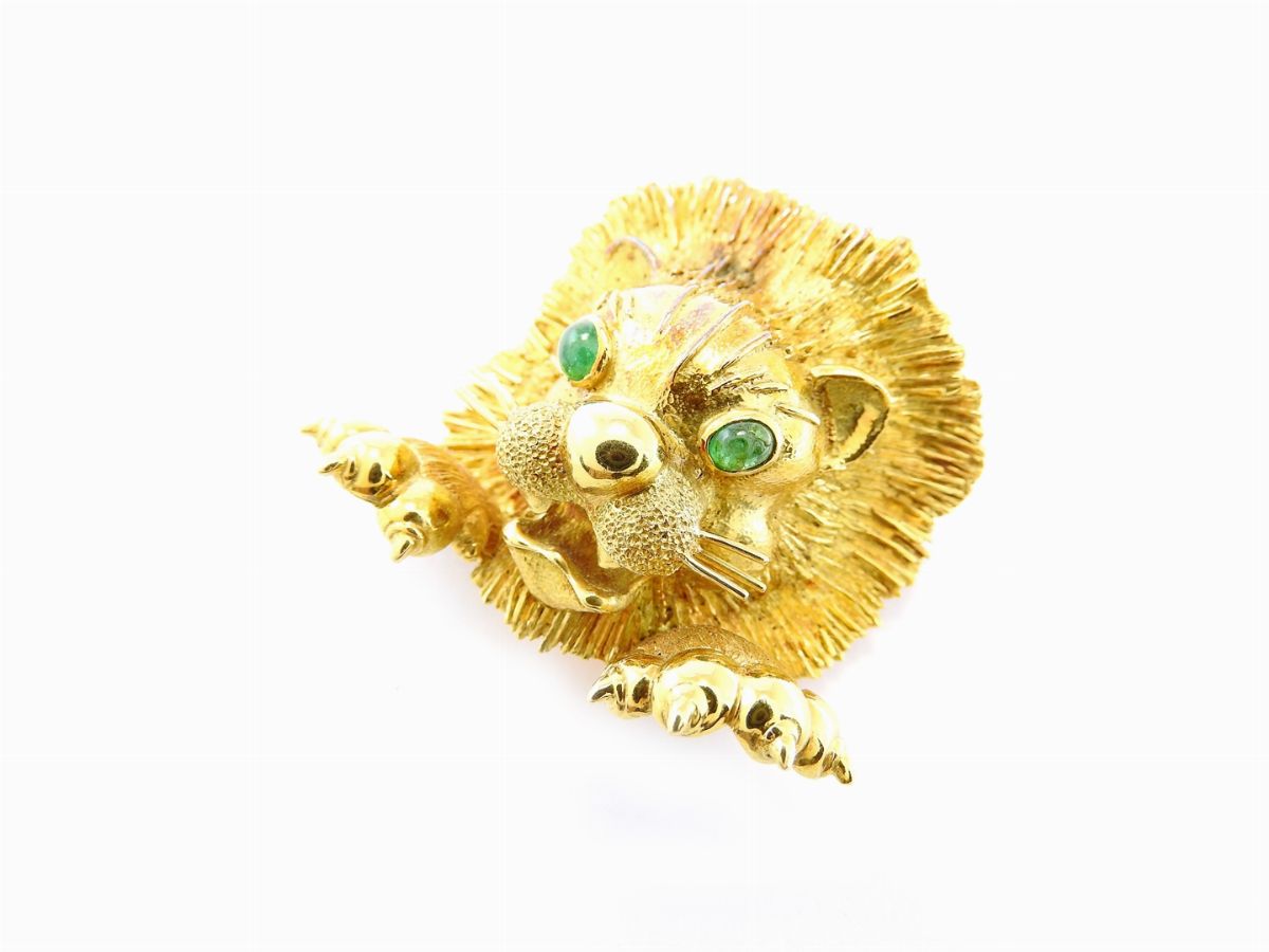 Spilla Animalier in Oro Giallo e Smeraldi