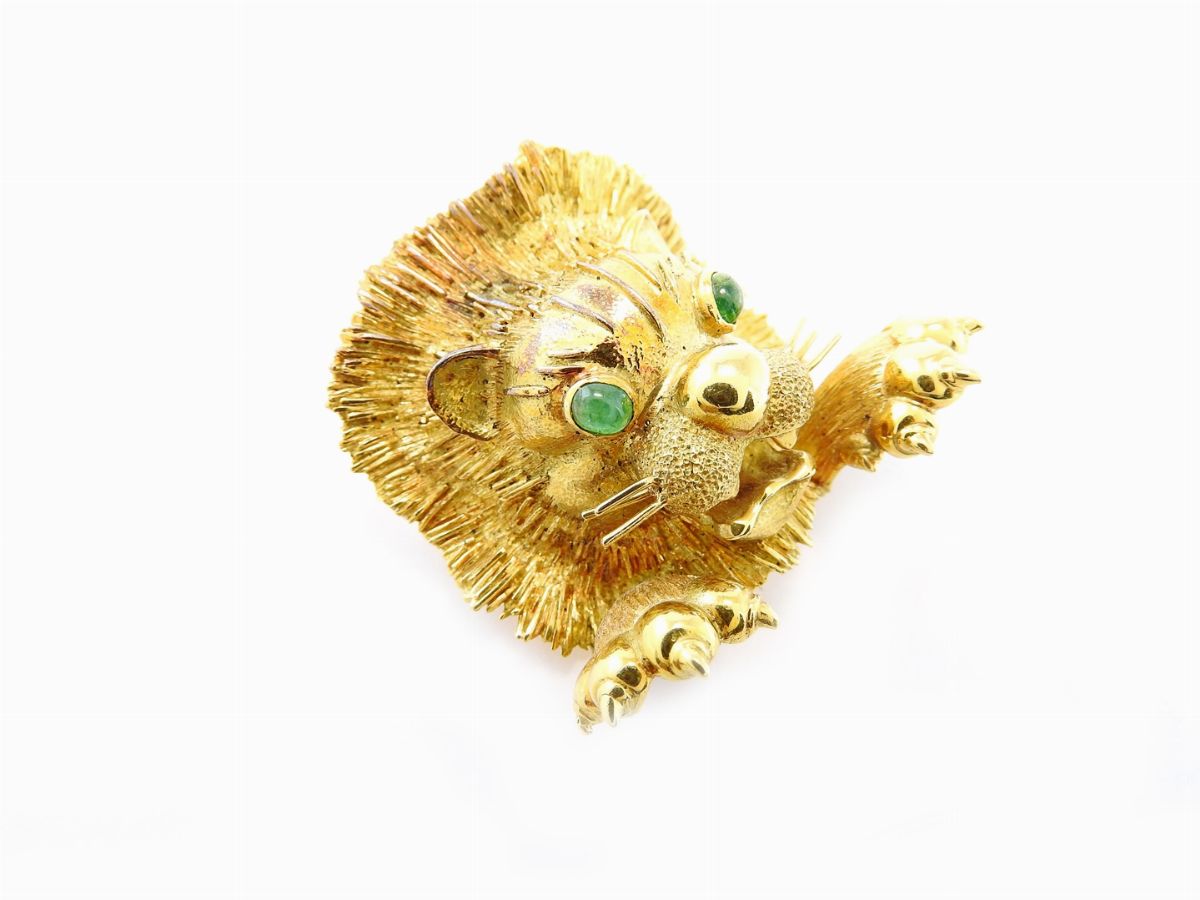 Spilla Animalier in Oro Giallo e Smeraldi