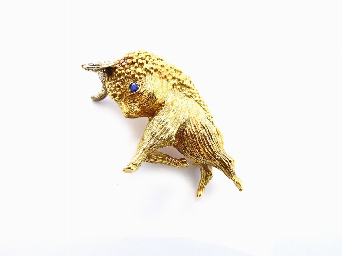 Spilla Animalier in Oro Giallo e Bianco con Diamanti e Zaffiro