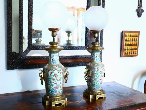 A Couple of Polychrome Porcelain Lamps