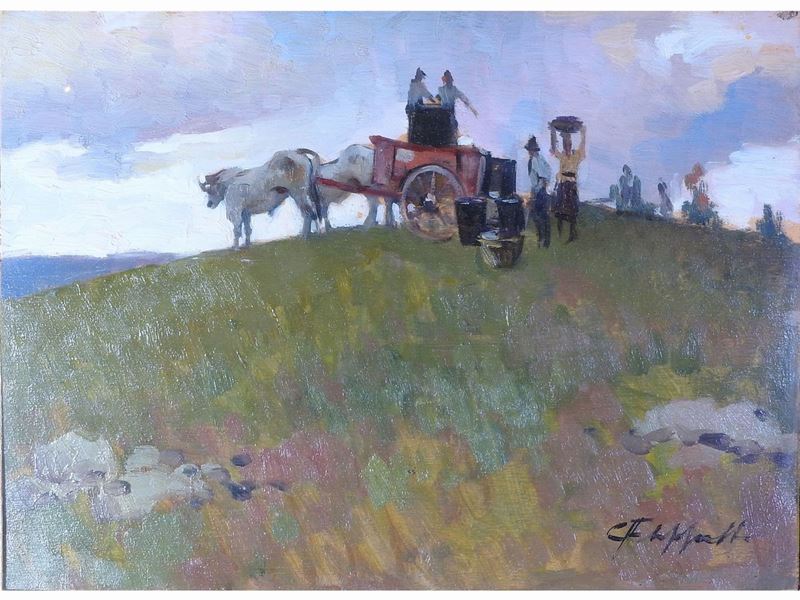 Cafiero Filippelli - Veduta Campestre con Contadini e Carro con Buoi