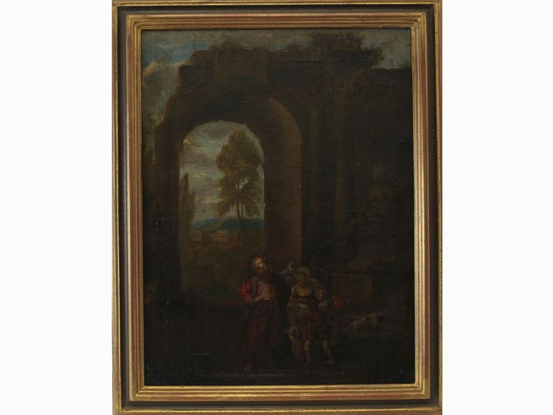 Scuola Fiamminga del XVIII Secolo - Capriccio Architettonico con Figure Orientali