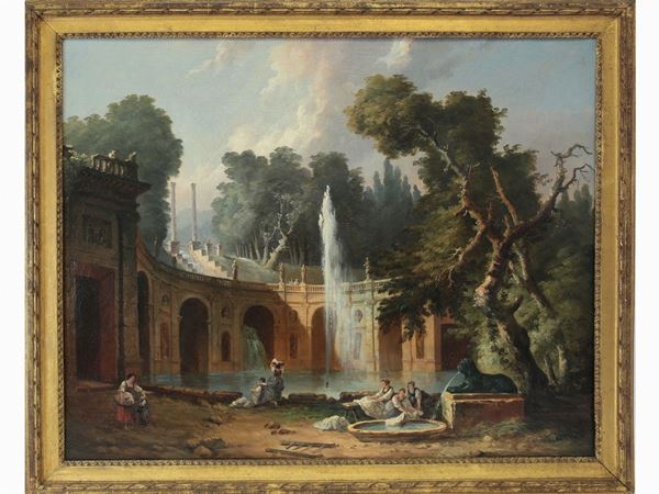Robert Hubert attribuito (1733-1808) - View of a Garden With Fontains an Washwomen