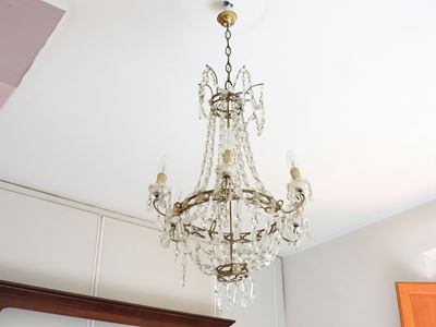 Piccolo Lampadario a Paniere in Metallo, Vetro e Cristallo