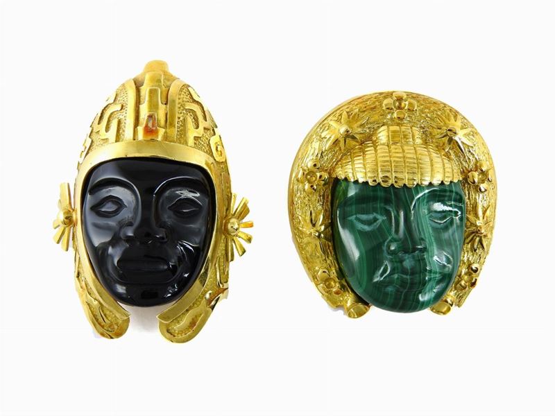 Due Pendenti Trovato Gallery in Oro Giallo, Onice e Malachite Scolpiti