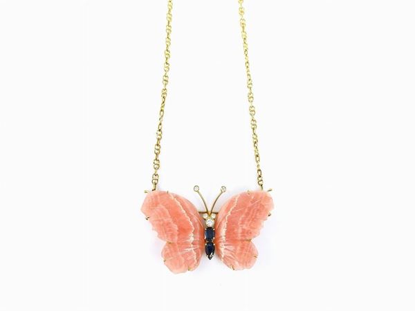 Yellow gold choker with diamonds, sapphires and rhodocrosite