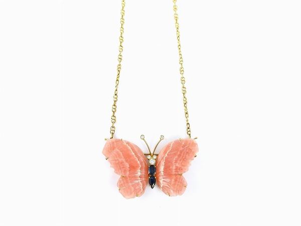 Yellow gold choker with diamonds, sapphires and rhodocrosite