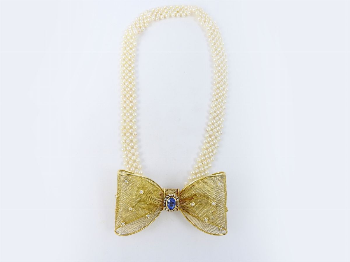 Collier De Chien Favero in Oro Giallo, Diamanti, Perle e Zaffiro