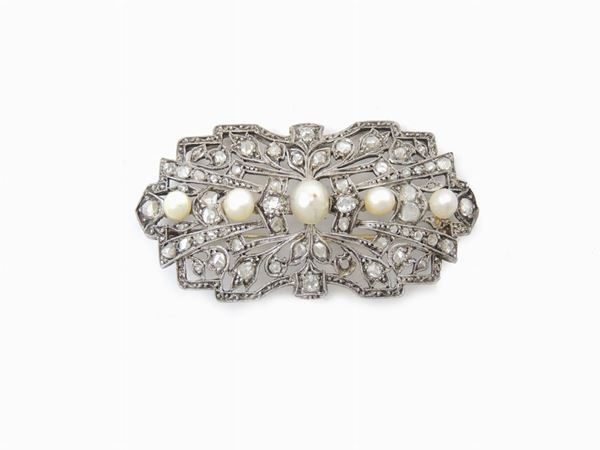 Yellow gold and silver panel brooch with diamonds and likely natural pearls