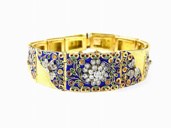 White and yellow gold bracelet with diamonds and multicoloured enamels