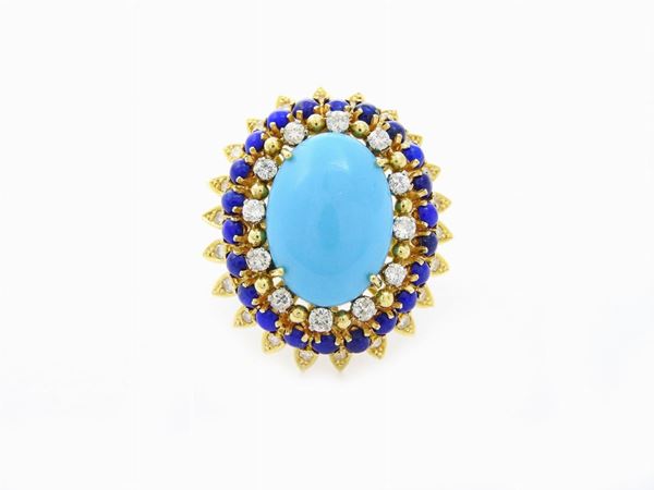 Yellow gold daisy ring with diamonds, lapis lazuli and turquoise