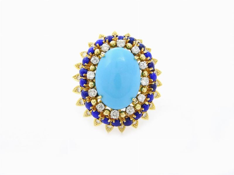Anello a Margherita in Oro Giallo con Diamanti, Lapislazzuli e Turchese