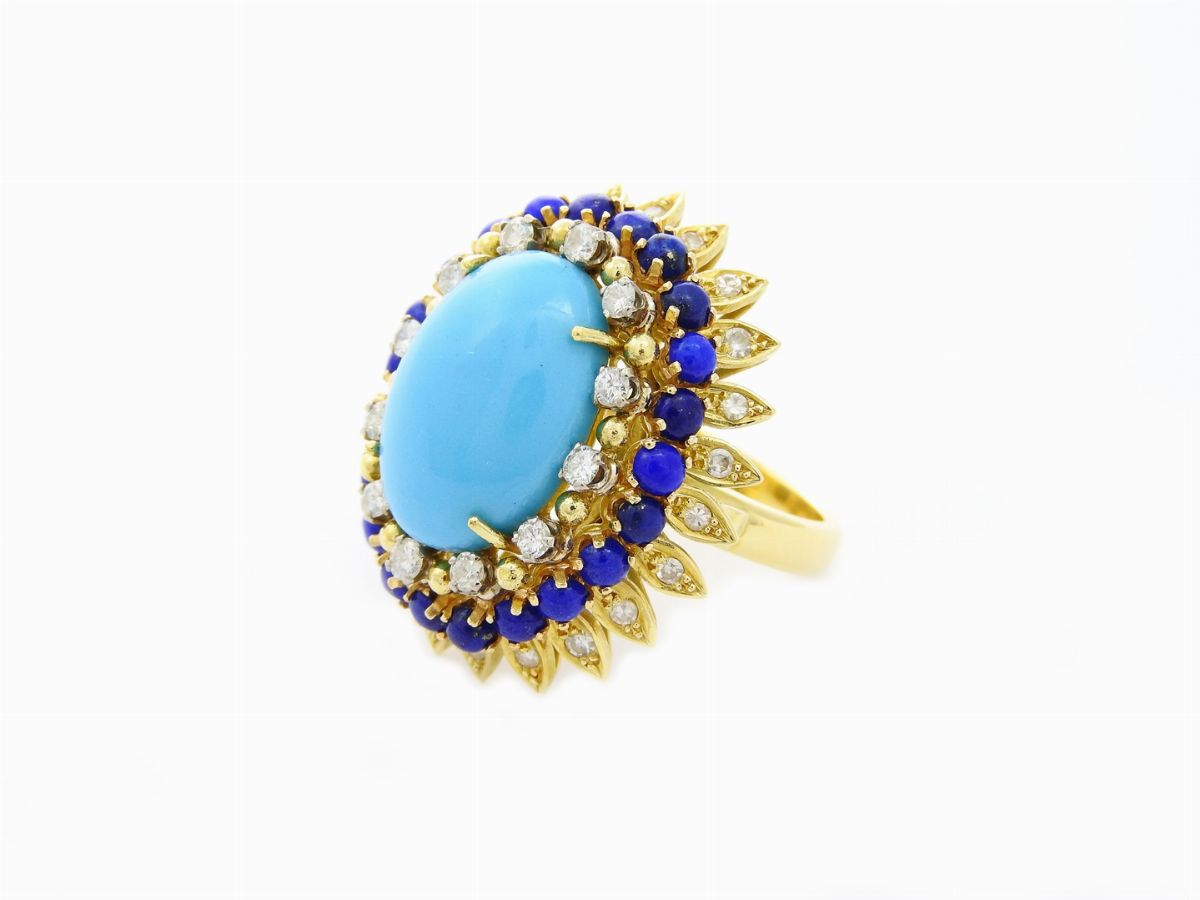Anello a Margherita in Oro Giallo con Diamanti, Lapislazzuli e Turchese