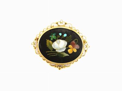 Spilla in Oro Giallo e Mosaico in Pietre Dure