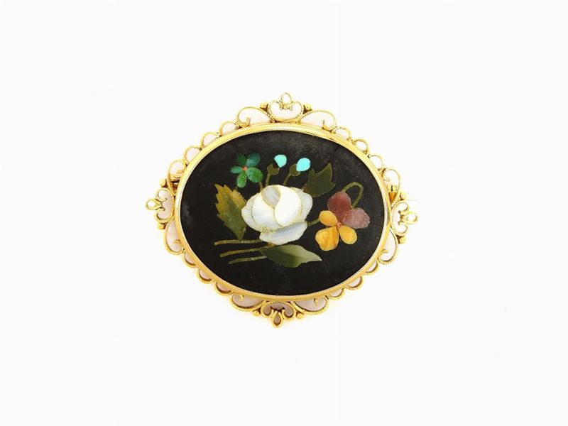 Spilla in Oro Giallo e Mosaico in Pietre Dure