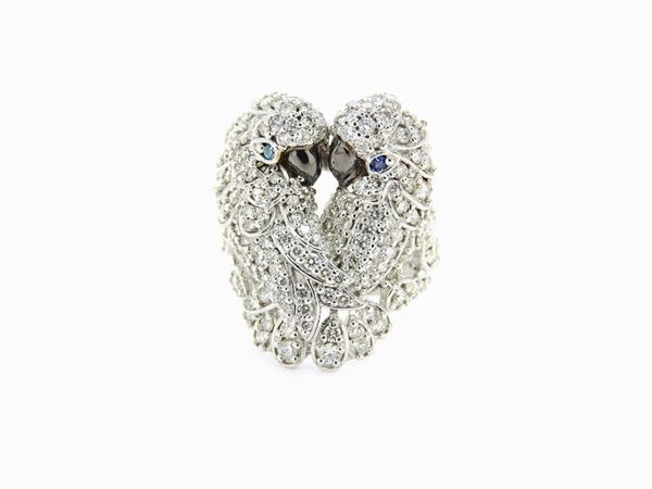 14KT white gold animalier-shaped ring with diamonds and colour stones