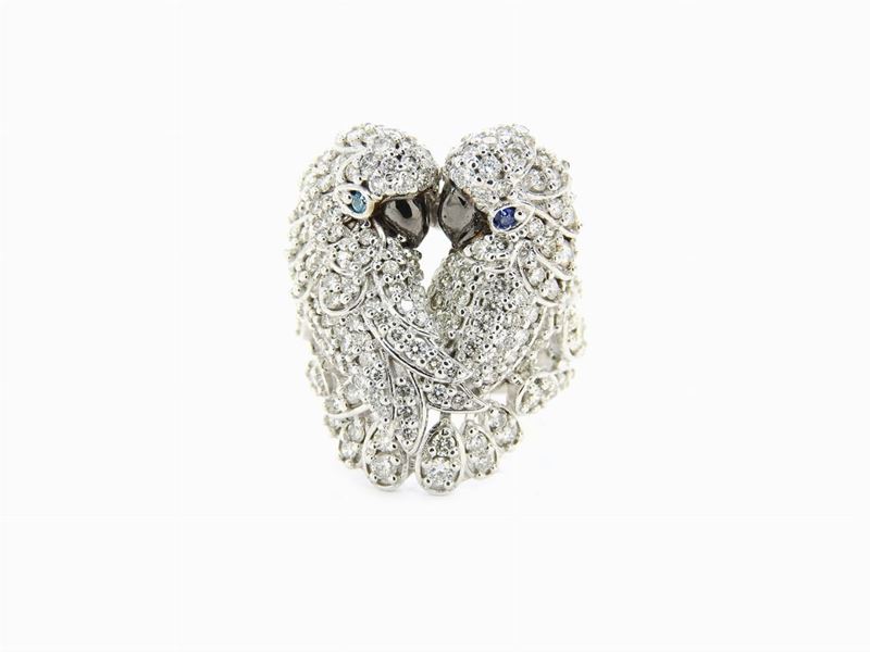 Anello Animalier in Oro Bianco 585/1000, Diamanti e Pietre Colorate