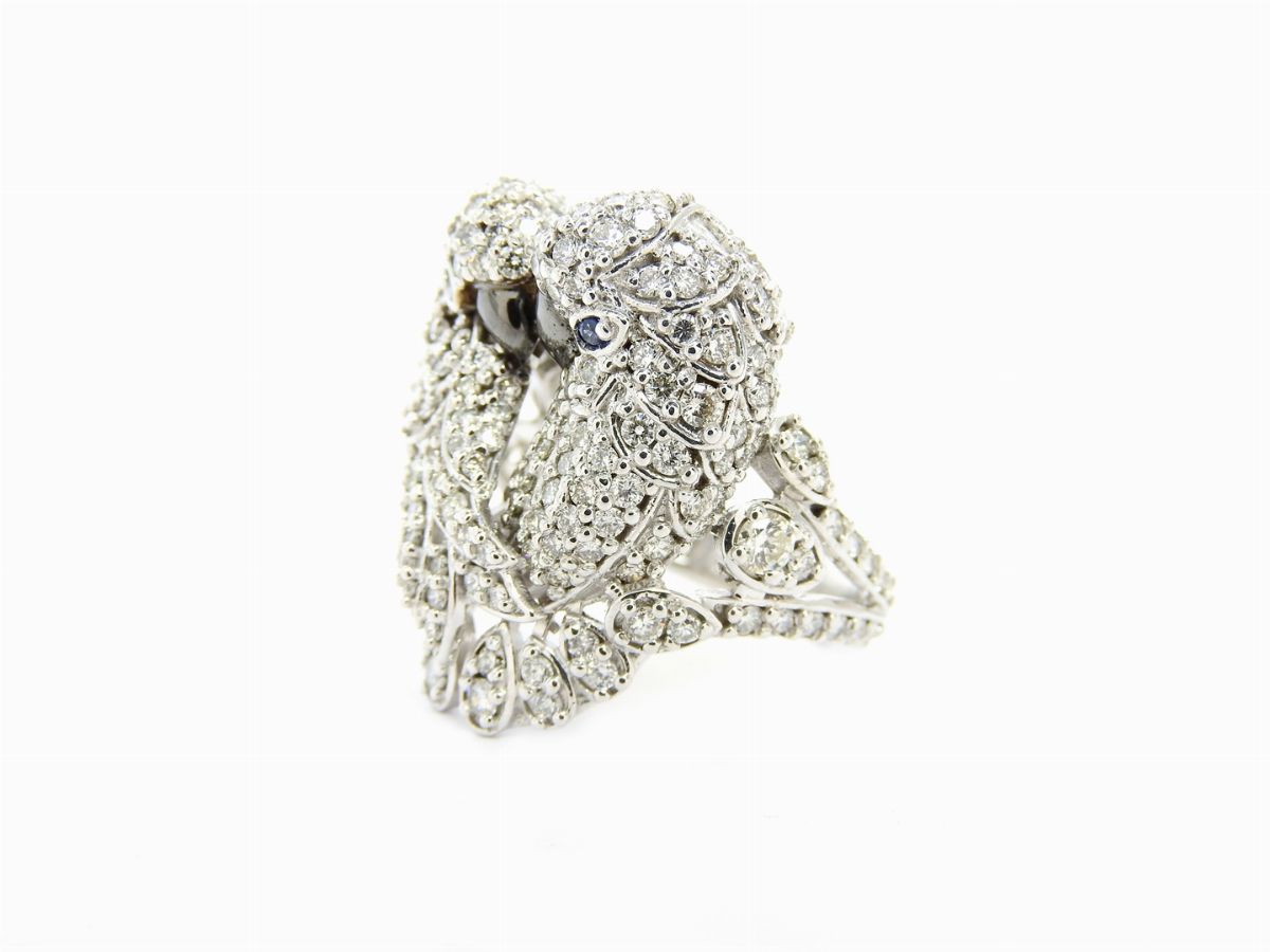 Anello Animalier in Oro Bianco 585/1000, Diamanti e Pietre Colorate