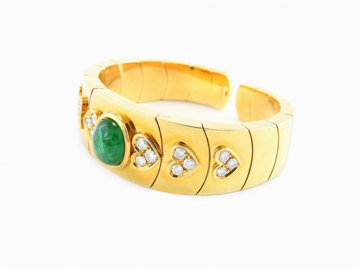 Bracciale Semirigido Faraone in Oro Giallo, Diamanti e Smeraldo