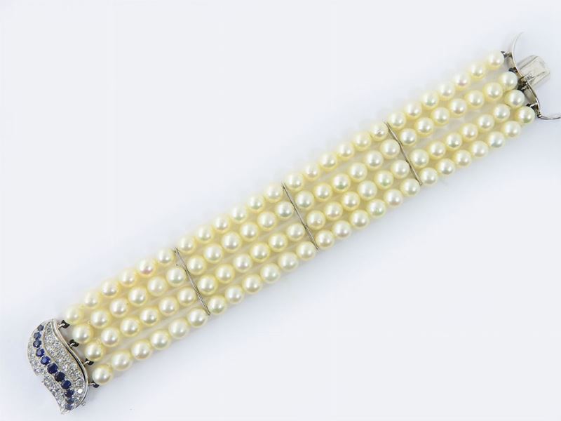 Bracciale in Oro Bianco, Diamanti, Perle Akoya e Zaffiri