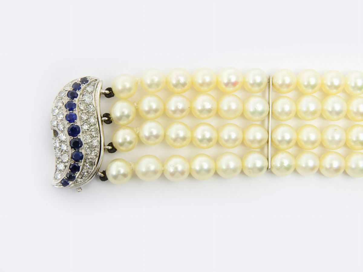 Bracciale in Oro Bianco, Diamanti, Perle Akoya e Zaffiri