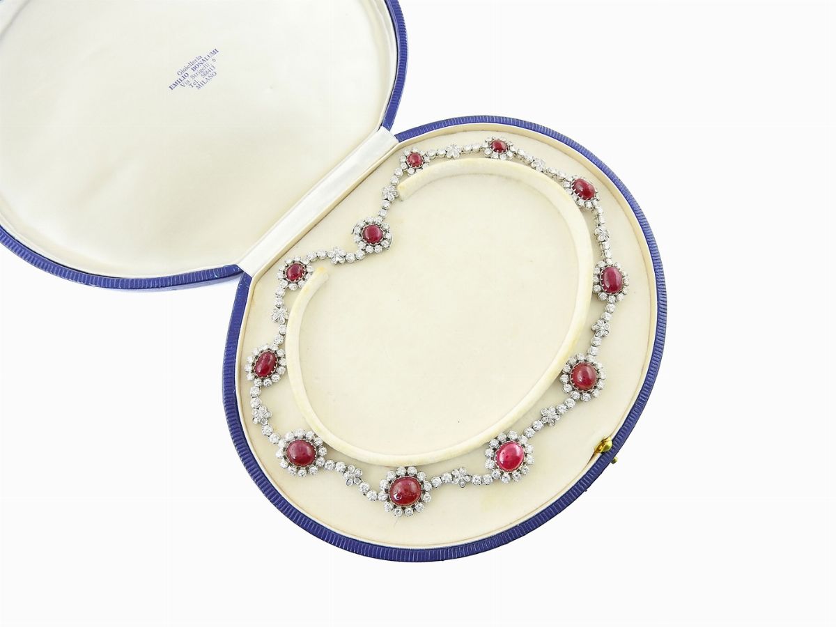 Collier in Oro Bianco, Diamanti e Rubini