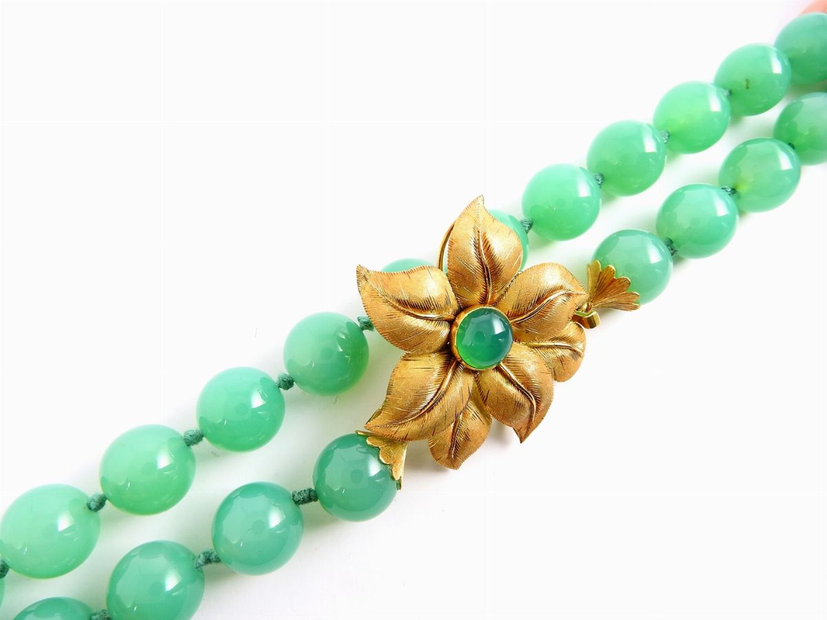 Demi Parure Collana e Orecchini in Oro Giallo, Agata Verde e Quarzo Avventurina