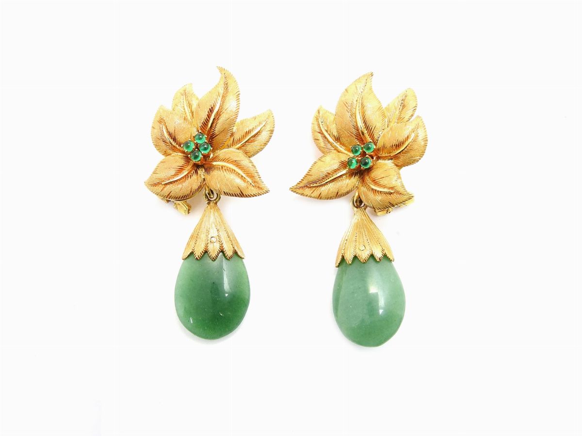 Demi Parure Collana e Orecchini in Oro Giallo, Agata Verde e Quarzo Avventurina