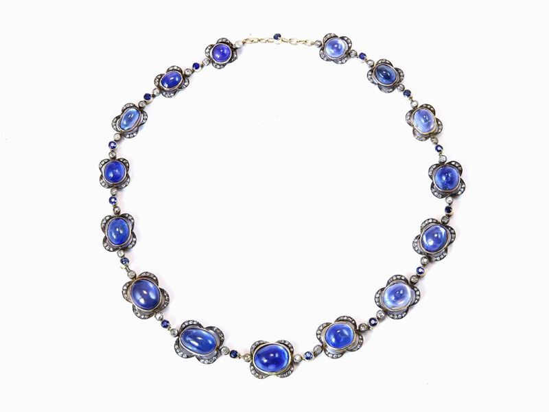 Collier in Oro Giallo e Argento con Diamanti e Zaffiri Naturali