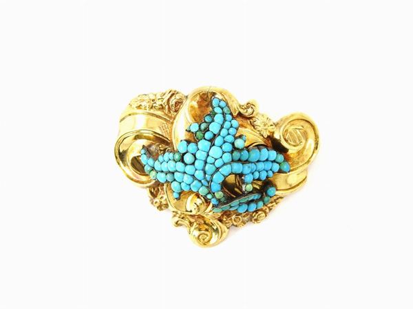 Yellow gold and silver brooch with turquoises