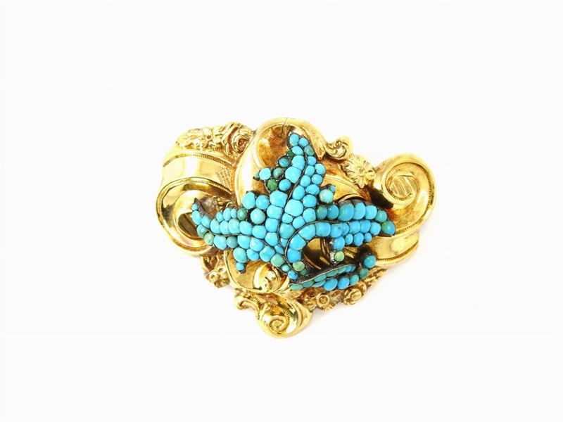 Spilla in Oro Giallo e Argento con Turchesi