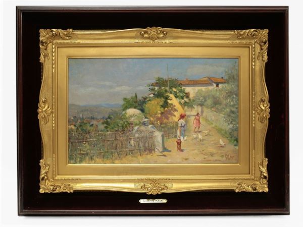Giuseppe Magni : Landscape with Country Girls  ((1869-1956))  - Auction House Sale: Furniture and Paintings from Villa Roseto - Florence - I - I - Maison Bibelot - Casa d'Aste Firenze - Milano