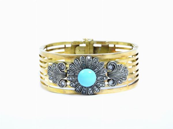 Yellow gold and silver bangle with diamonds and turquoise