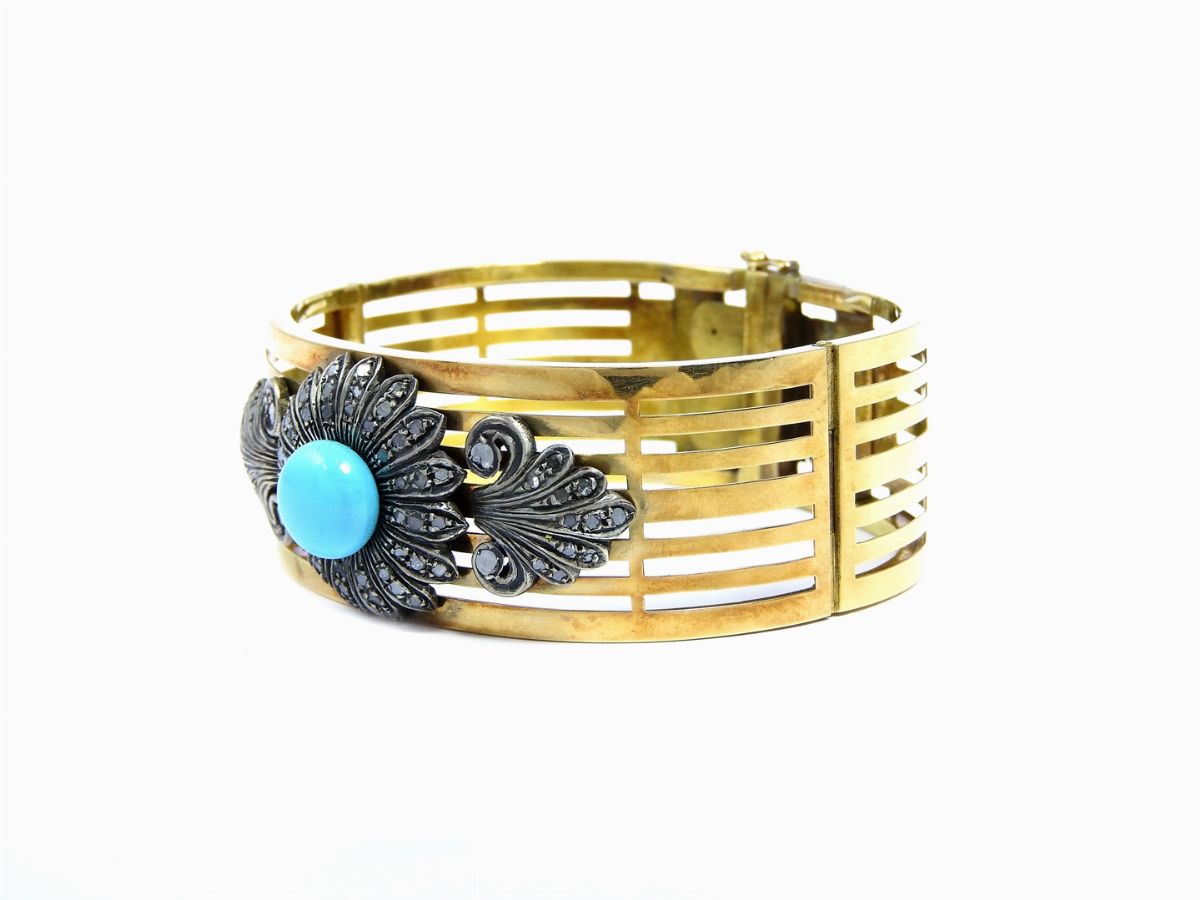 Bracciale Rigido in Oro Giallo, Argento, Diamanti e Turchese