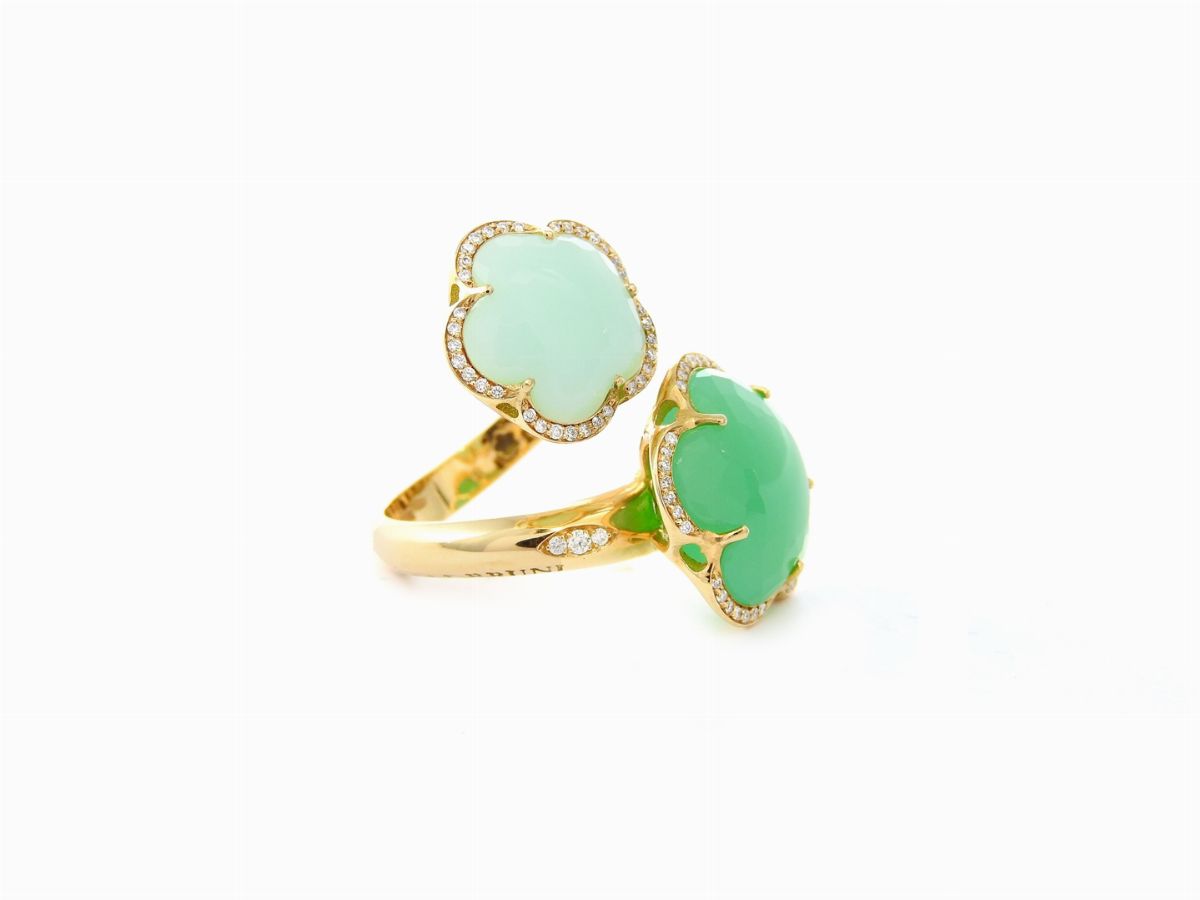 Anello Pasquale Bruni in Oro Giallo, Diamanti e Crisoprasio