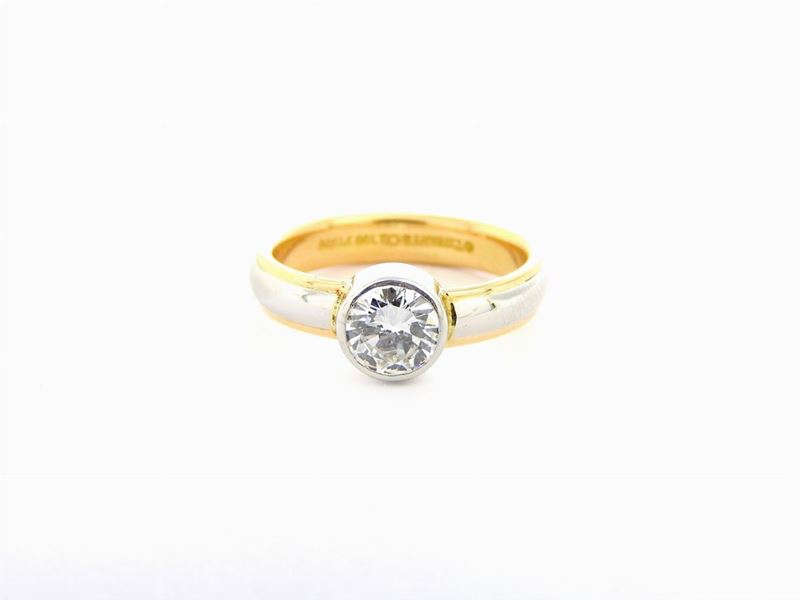 Anello Solitario Tiffany in Oro Giallo e Platino con Diamante