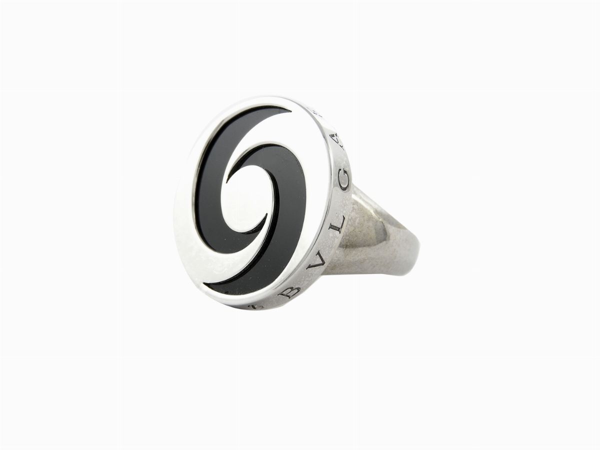 Anello Bulgari in Oro Bianco, Acciaio e Onice