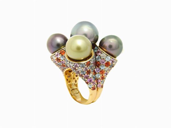 Yellow gold ring with diamonds, Tahiti cultured black pearls and colour stones