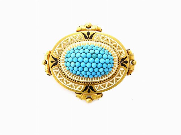 Low alloy yellow gold locket brooch with turquoises and enamels