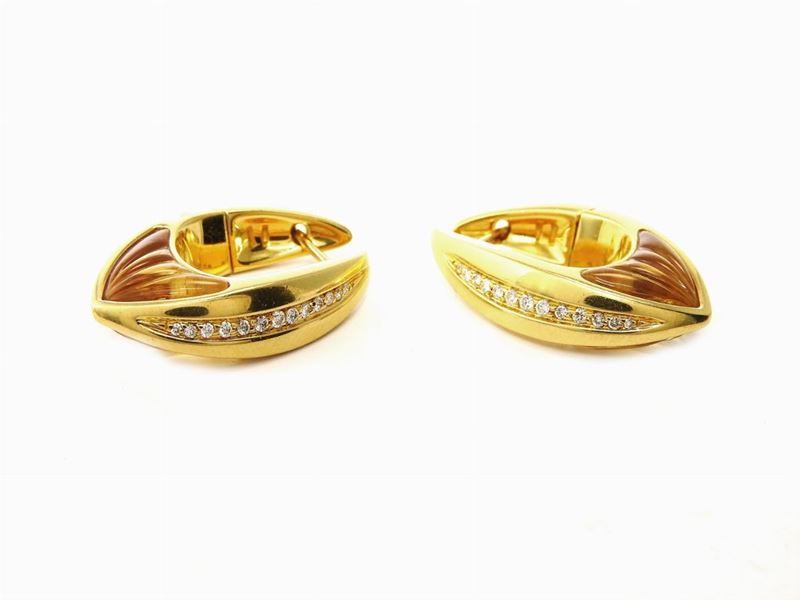 Orecchini in Oro Giallo, Diamanti e Quarzi Citrini