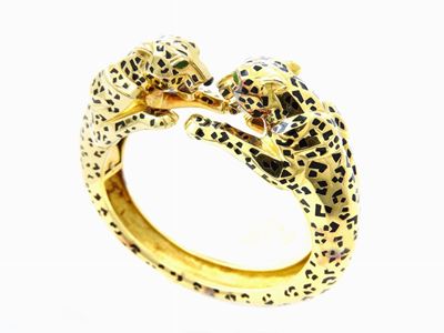Bracciale Animalier Rigido Cartier, Double Panthére in Oro Giallo, Smeraldi e Smalti