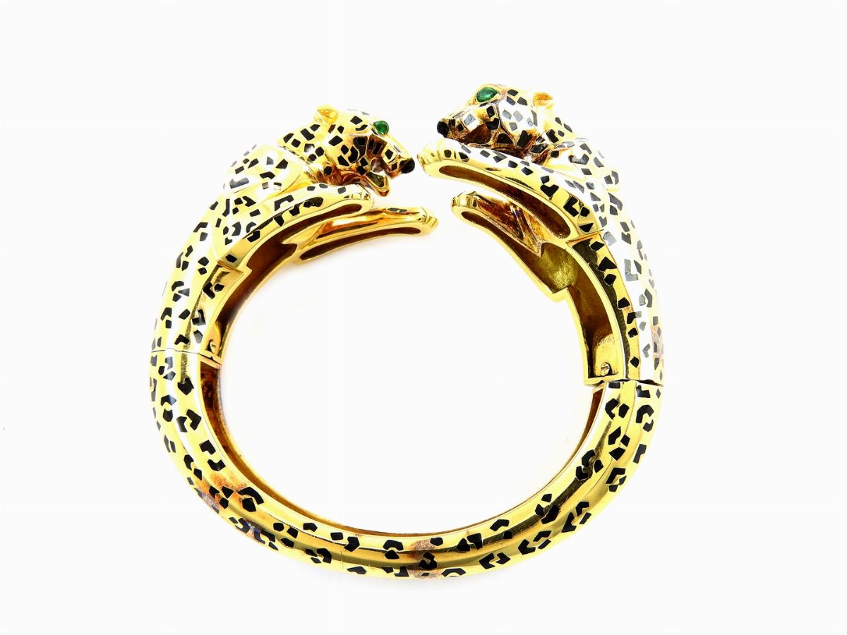 Bracciale Animalier Rigido Cartier, Double Panthére in Oro Giallo, Smeraldi e Smalti