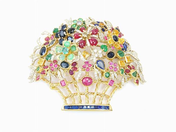 Yellow and white gold brooch with diamonds, rubies, sapphires and emeralds