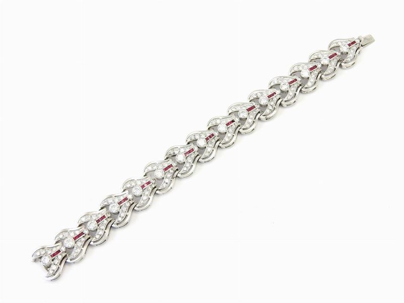 Bracciale a Piastre in Oro Bianco, Diamanti e Rubini