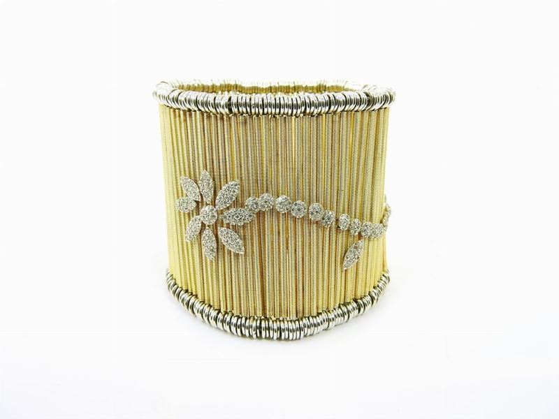 Bracciale Elastico a Fascia in Oro Bianco e Giallo con Diamanti
