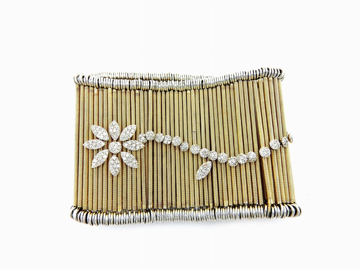 Bracciale Elastico a Fascia in Oro Bianco e Giallo con Diamanti