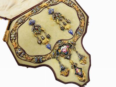 Demi Parure Collier e Orecchini in Oro Giallo e Smalti Policromi