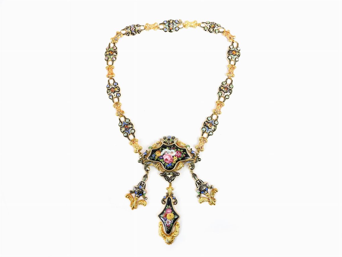 Demi Parure Collier e Orecchini in Oro Giallo e Smalti Policromi