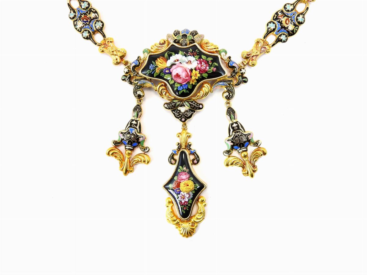Demi Parure Collier e Orecchini in Oro Giallo e Smalti Policromi