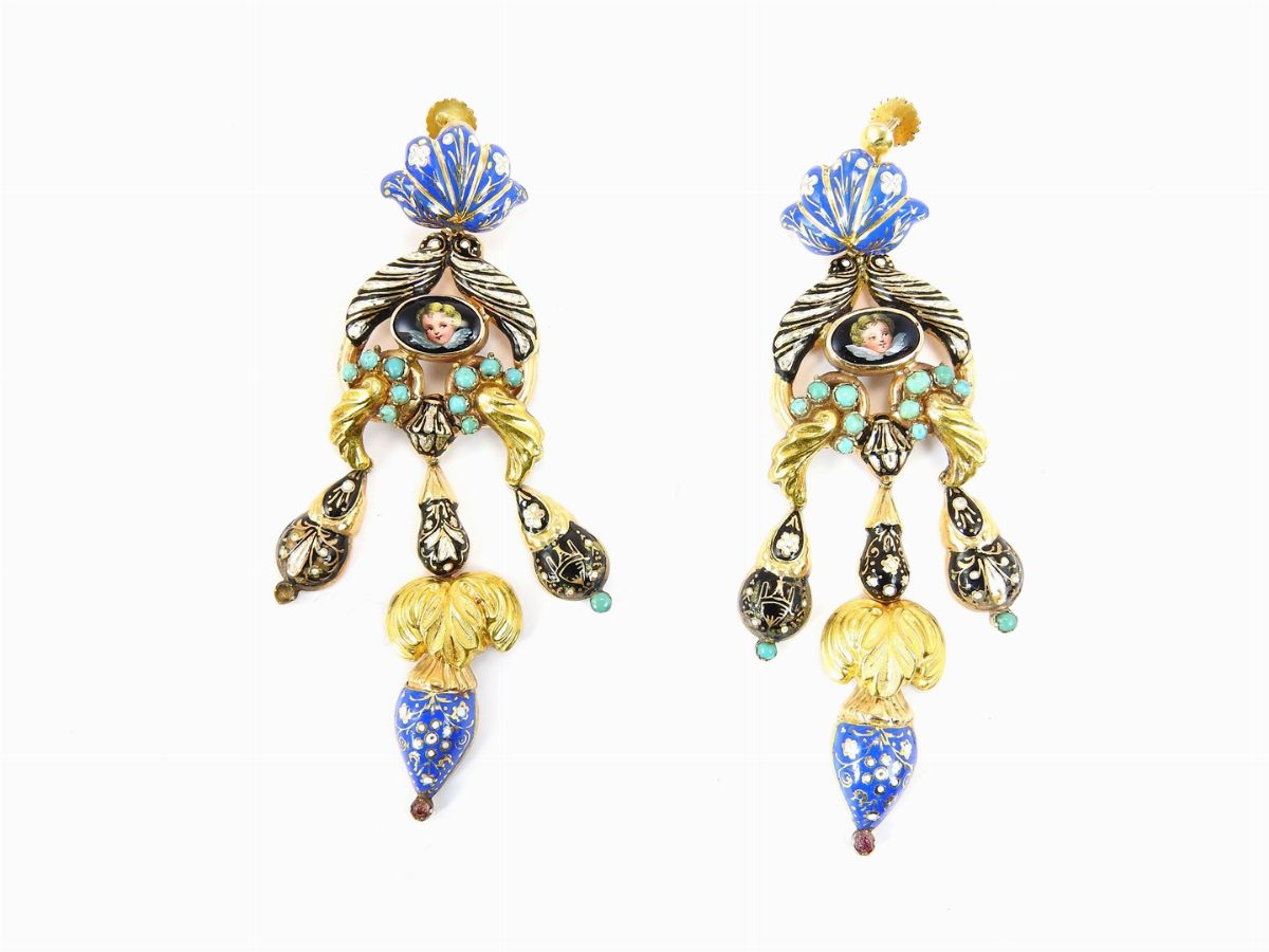 Demi Parure Collier e Orecchini in Oro Giallo e Smalti Policromi